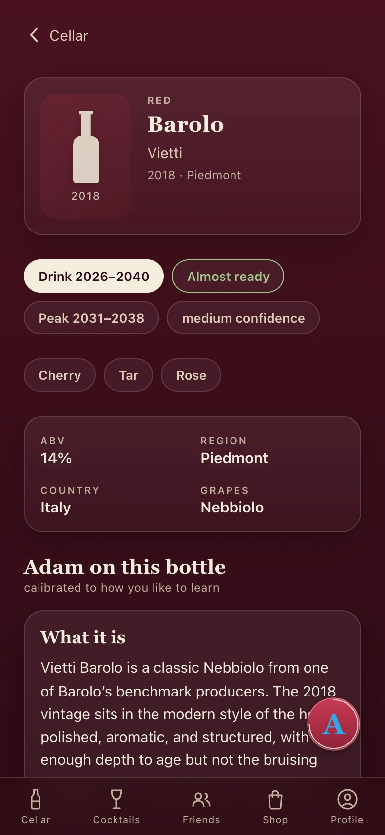 A scanned Barolo with its bottle profile
