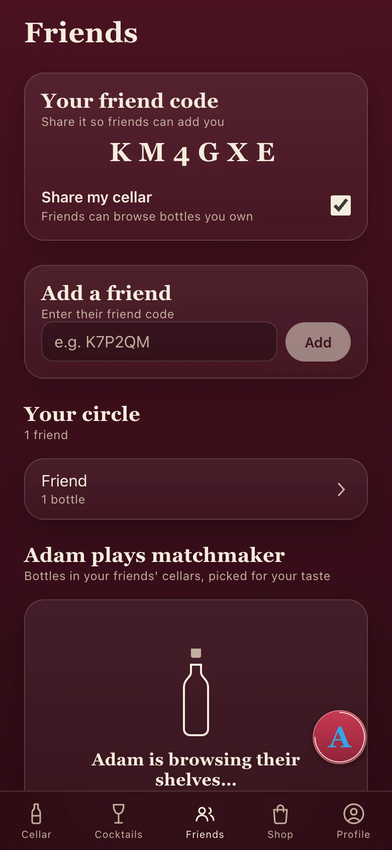 Cellar friends screen with private sharing controls