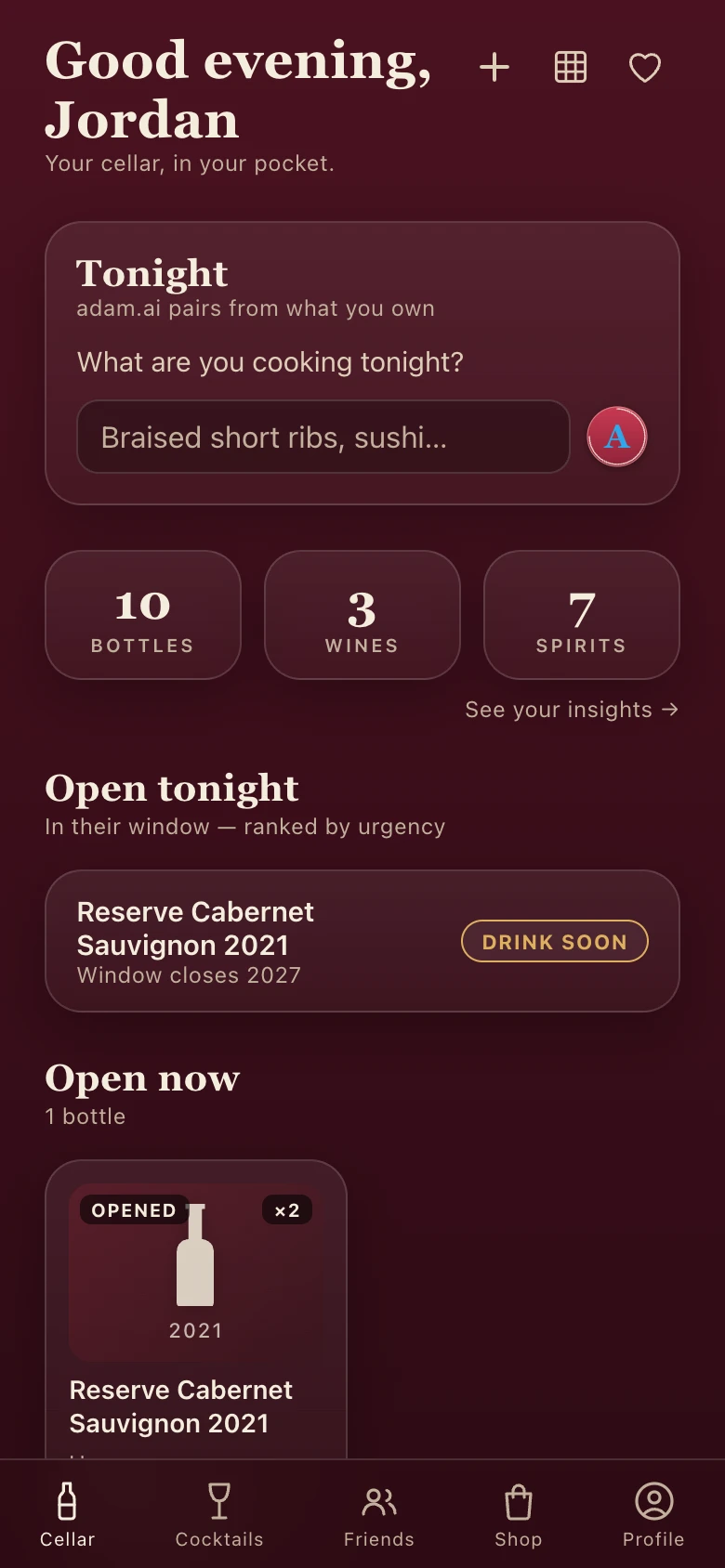 Cellar home ranking bottles that are ready to open