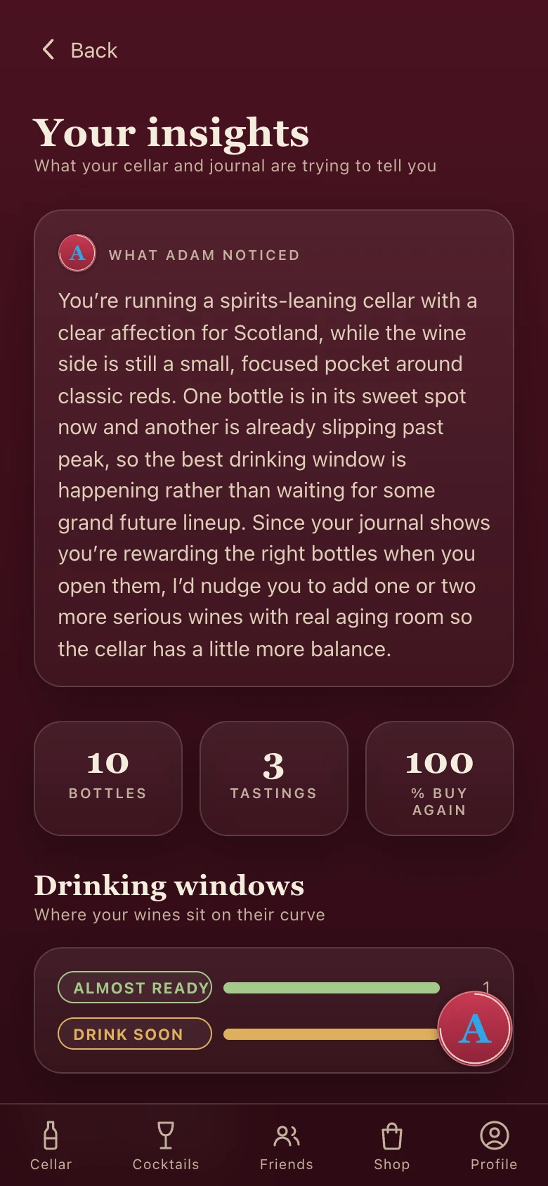 Cellar insights showing collection and tasting patterns