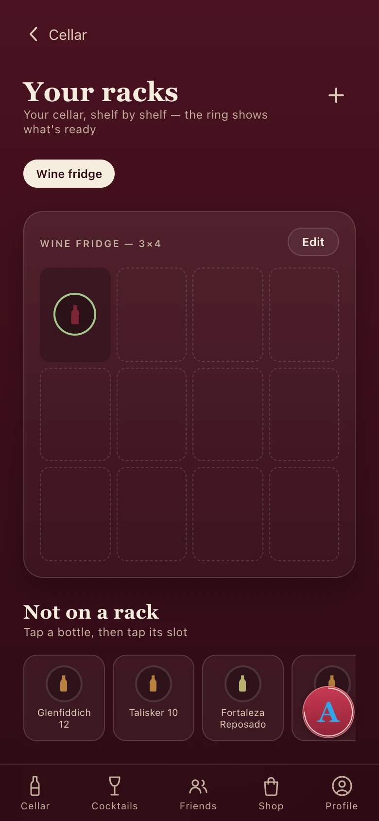 A Cellar rack mirroring a real wine fridge slot by slot